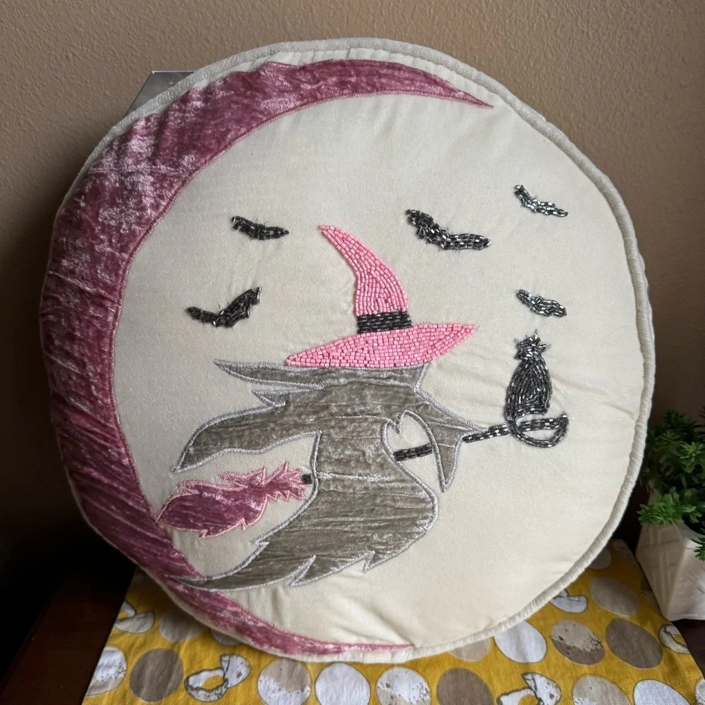 Rachel Zoe NWT ivory, pink silver beaded Witchy Moon decorative Halloween pillow